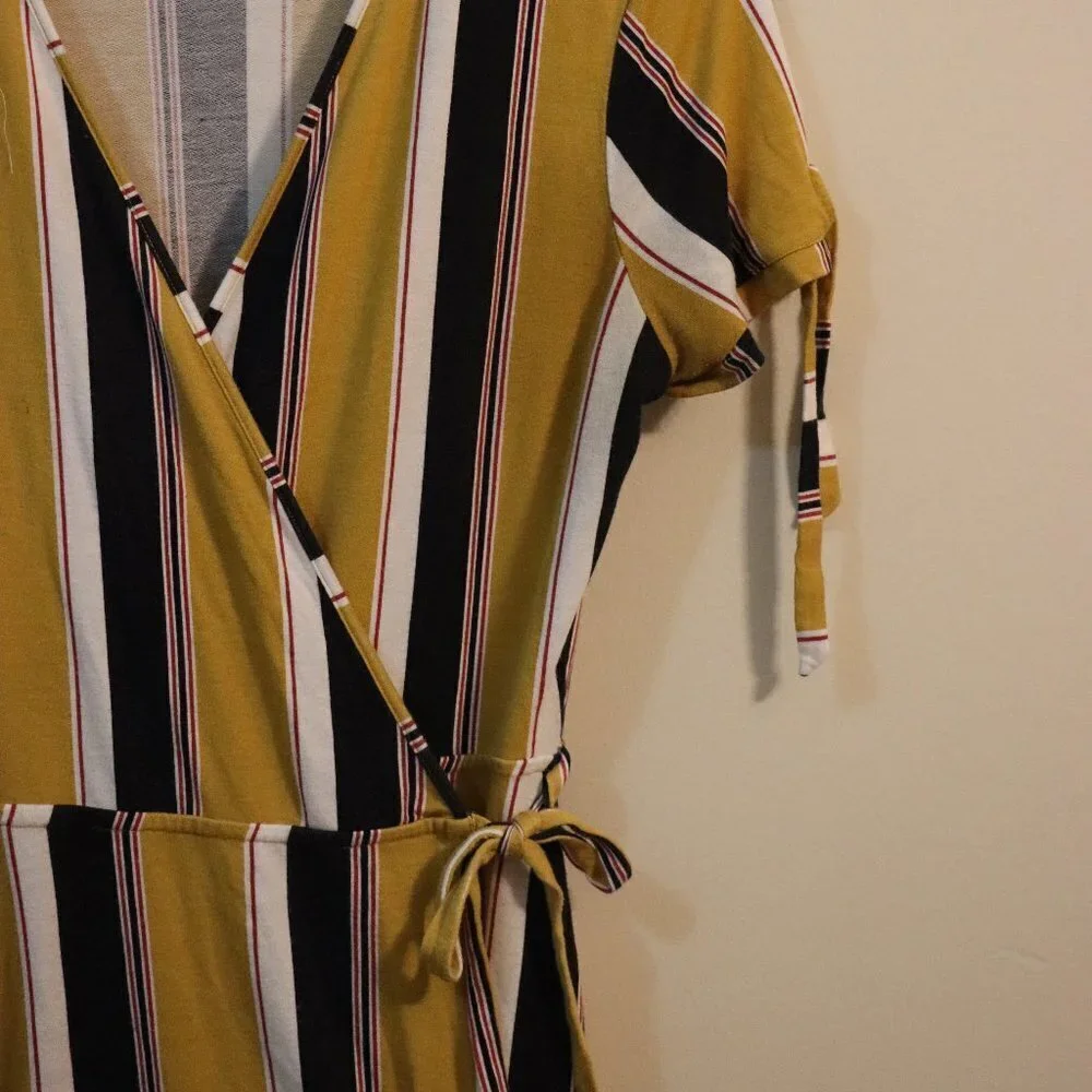 Pink Rose Dress, Tan, black, white & red striped dress, Medium, dress with tie - Picture 2 of 4